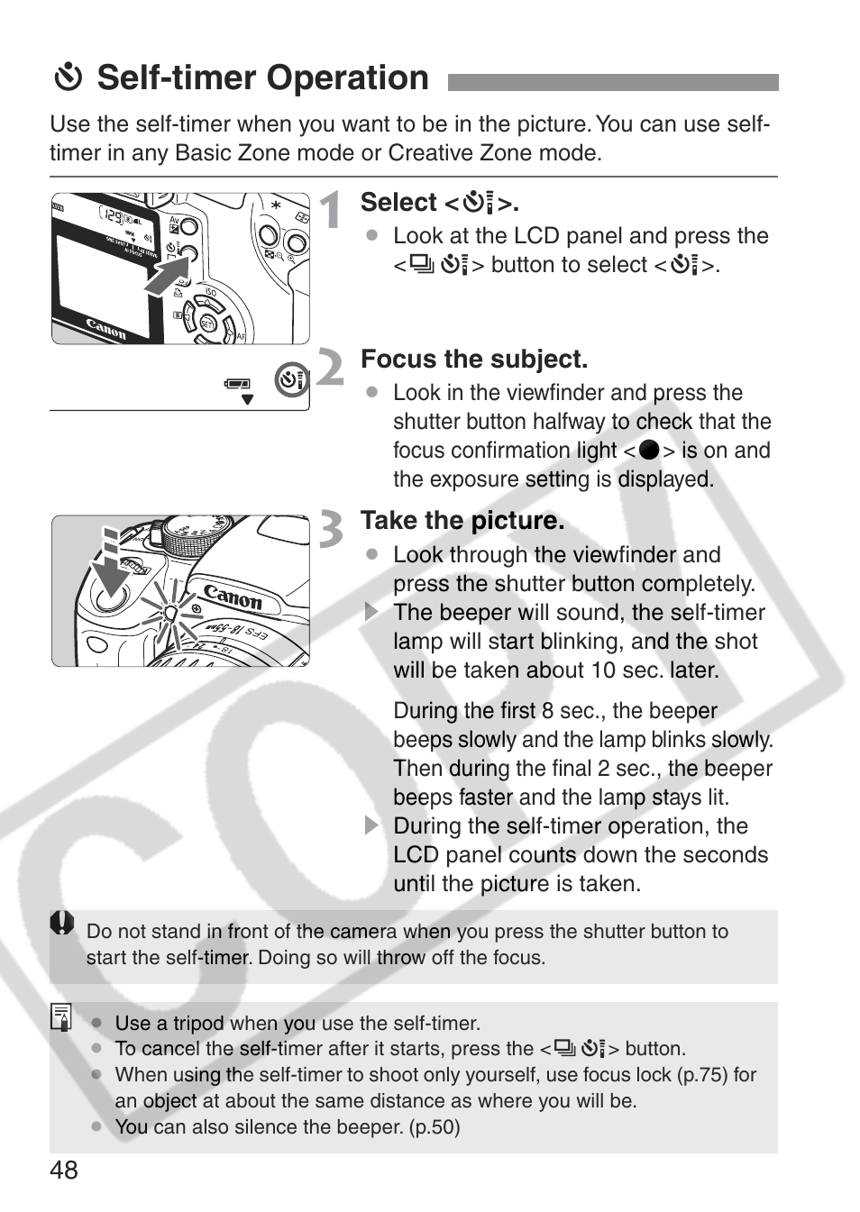 J self-timer operation | Canon EOS Rebel XT User Manual | Page 48 / 172