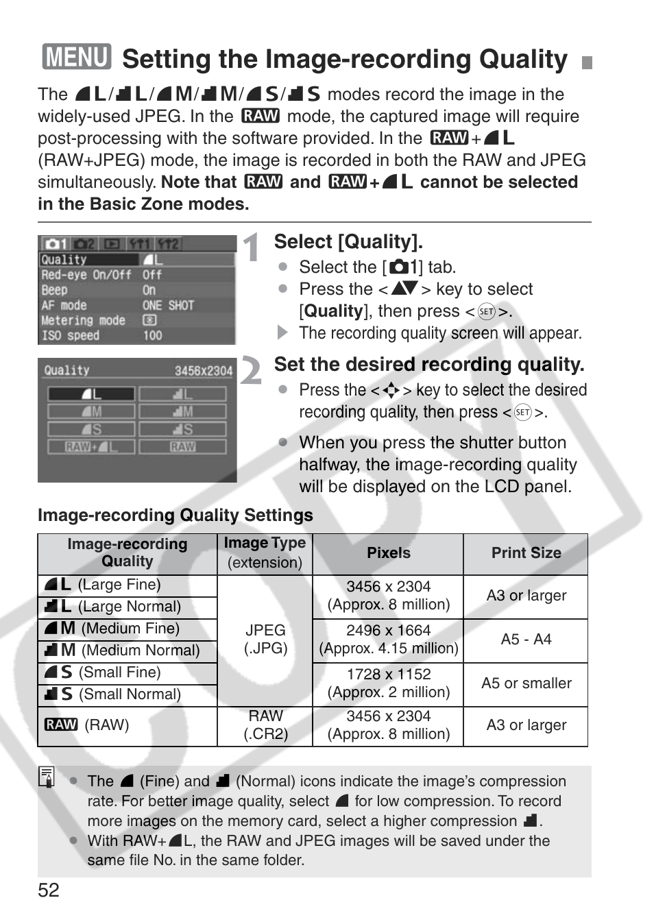 Setting the image-recording quality | Canon EOS Rebel XT User Manual | Page 52 / 172