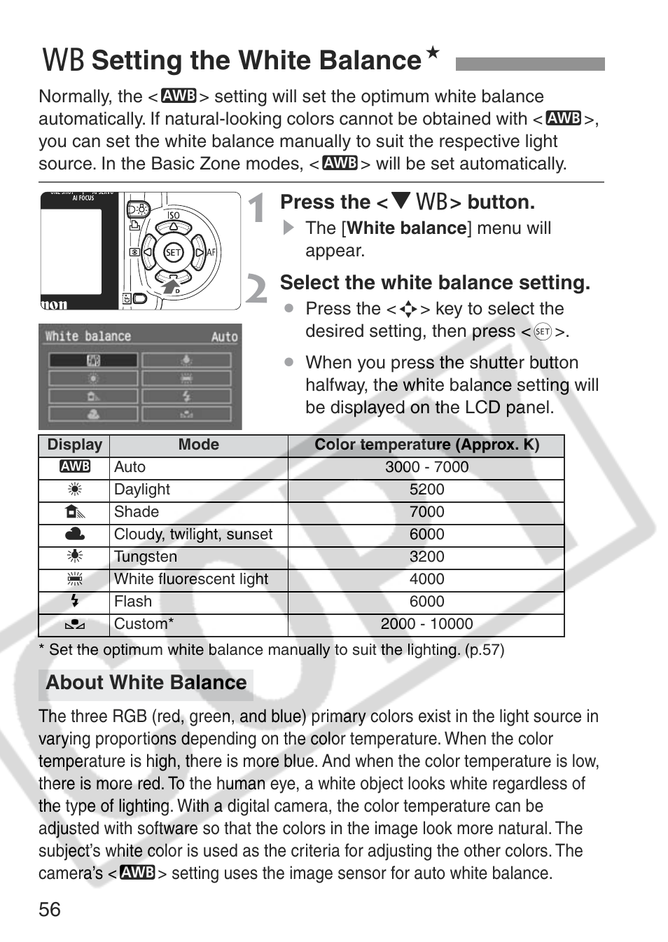 B setting the white balance n | Canon EOS Rebel XT User Manual | Page 56 / 172