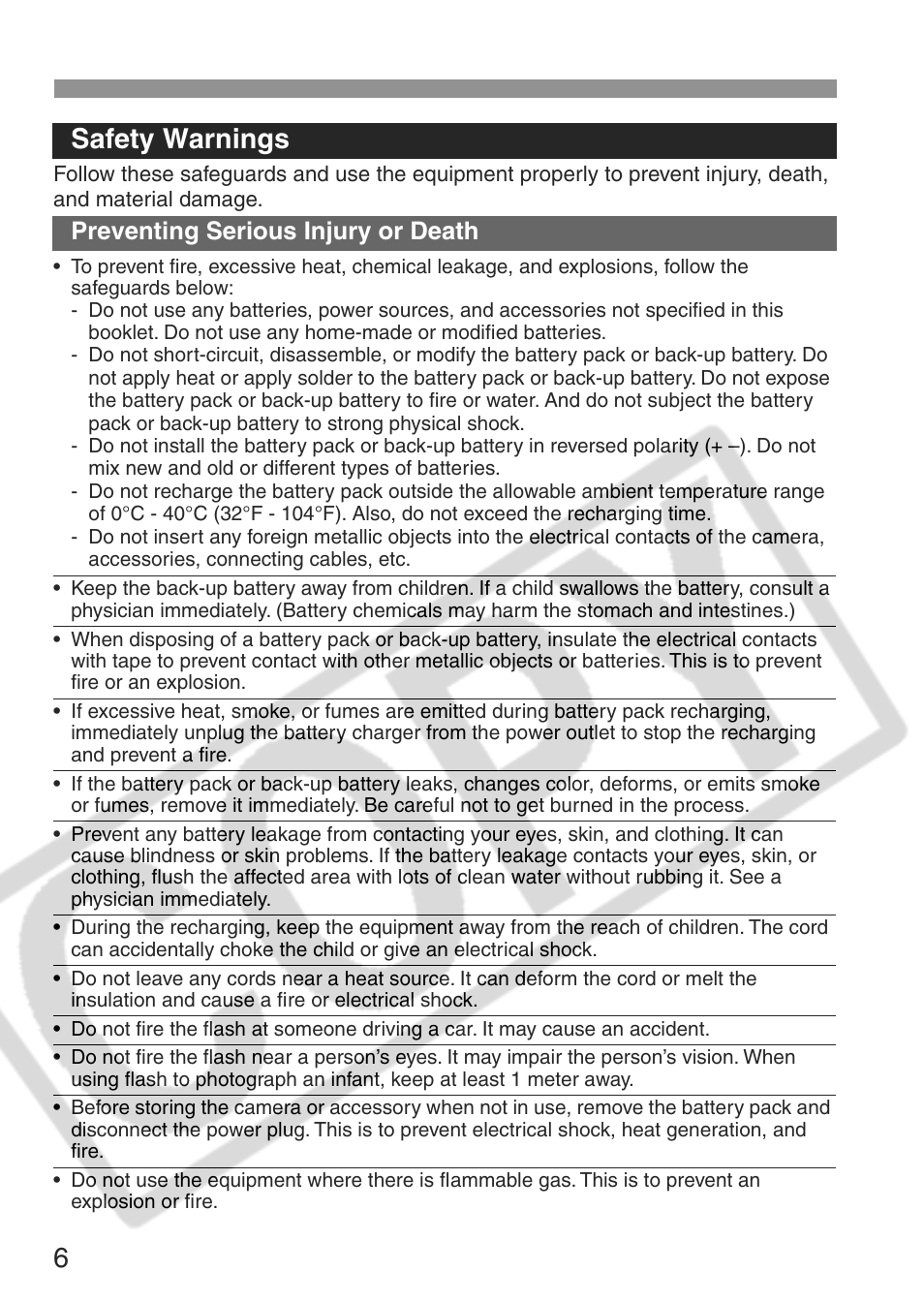 6safety warnings, Preventing serious injury or death | Canon EOS Rebel XT User Manual | Page 6 / 172