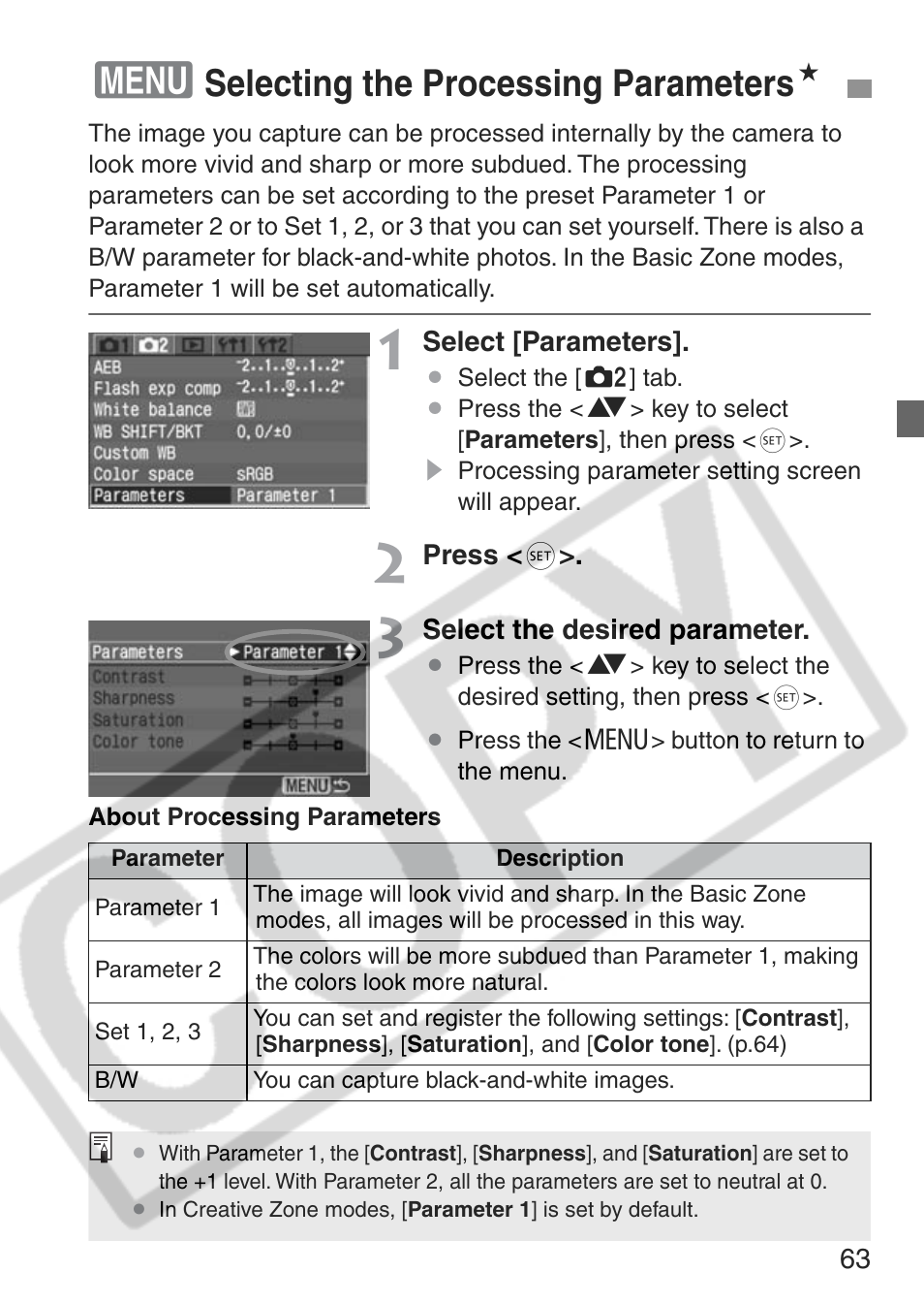 Selecting the processing parameters n | Canon EOS Rebel XT User Manual | Page 63 / 172