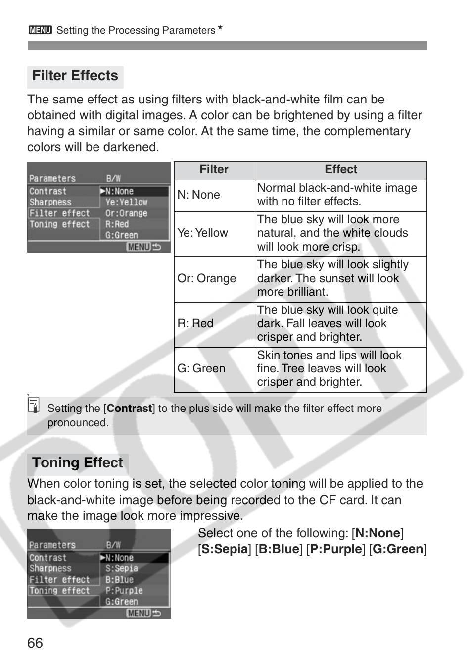 Filter effects, Toning effect | Canon EOS Rebel XT User Manual | Page 66 / 172
