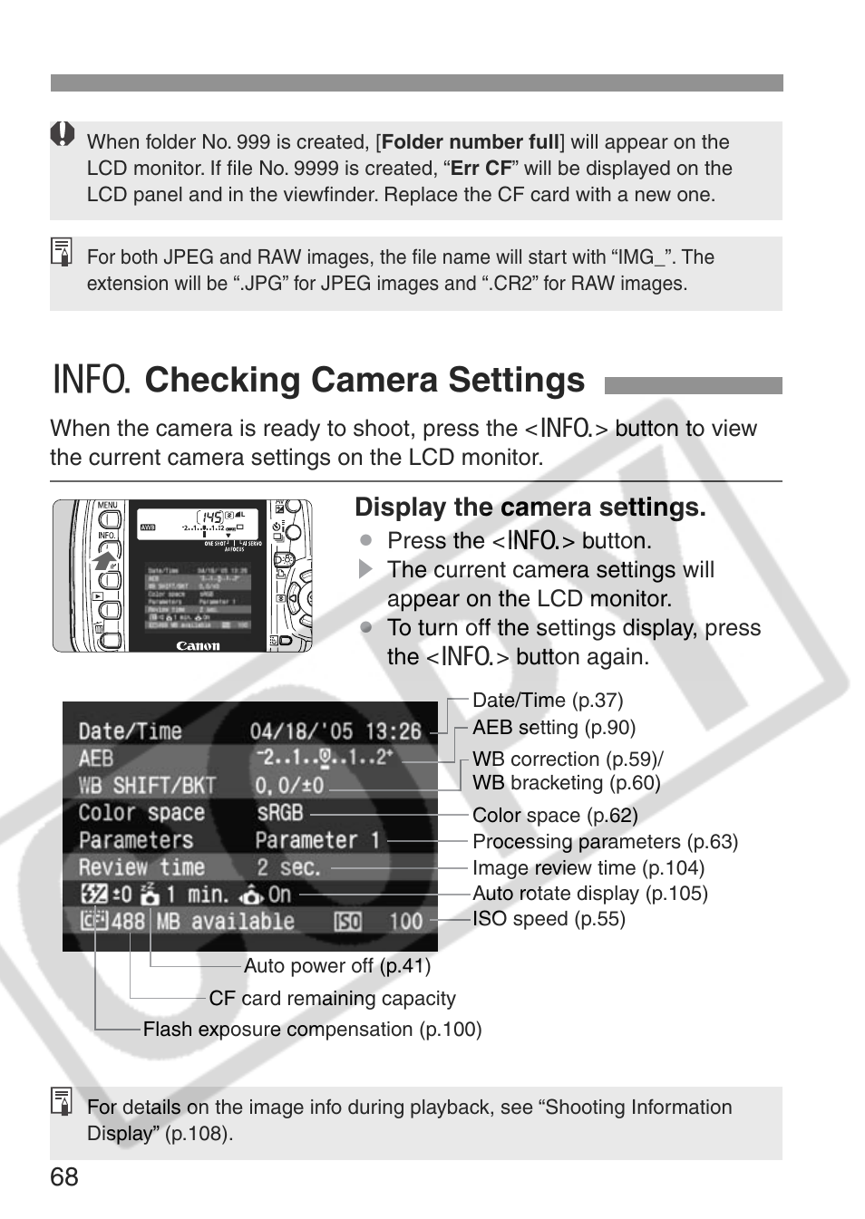 B checking camera settings, Display the camera settings | Canon EOS Rebel XT User Manual | Page 68 / 172