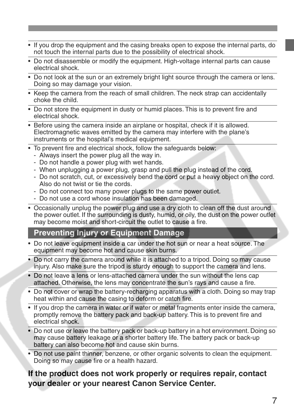 Preventing injury or equipment damage | Canon EOS Rebel XT User Manual | Page 7 / 172