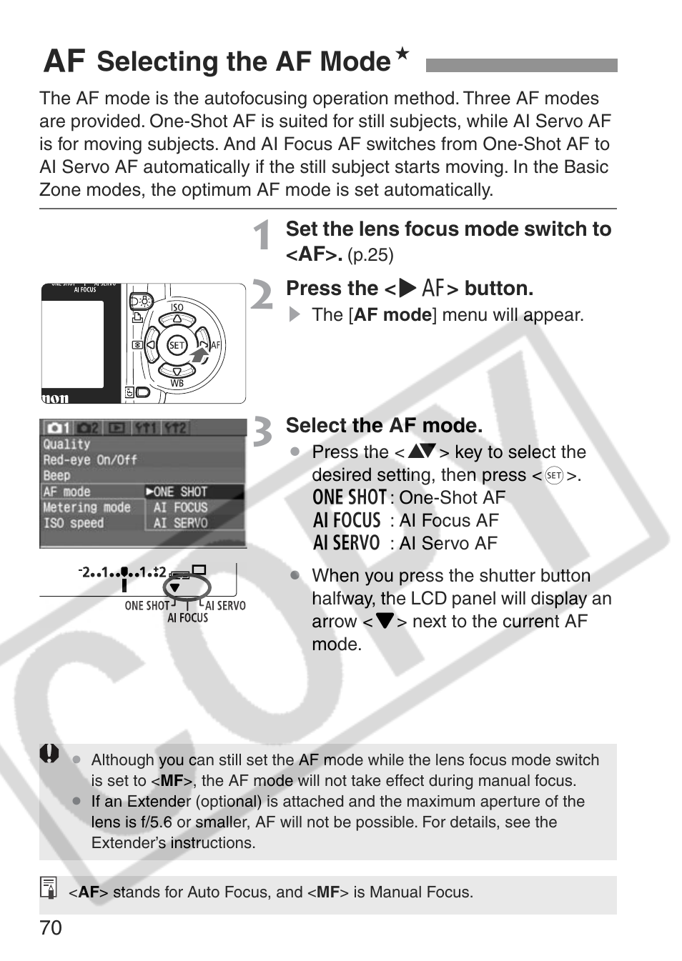 F selecting the af mode n | Canon EOS Rebel XT User Manual | Page 70 / 172