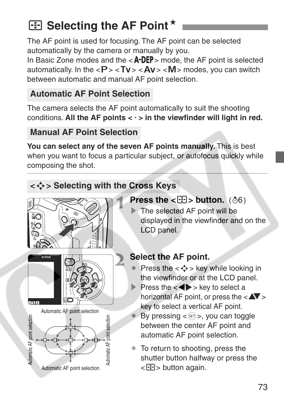 S selecting the af point n | Canon EOS Rebel XT User Manual | Page 73 / 172