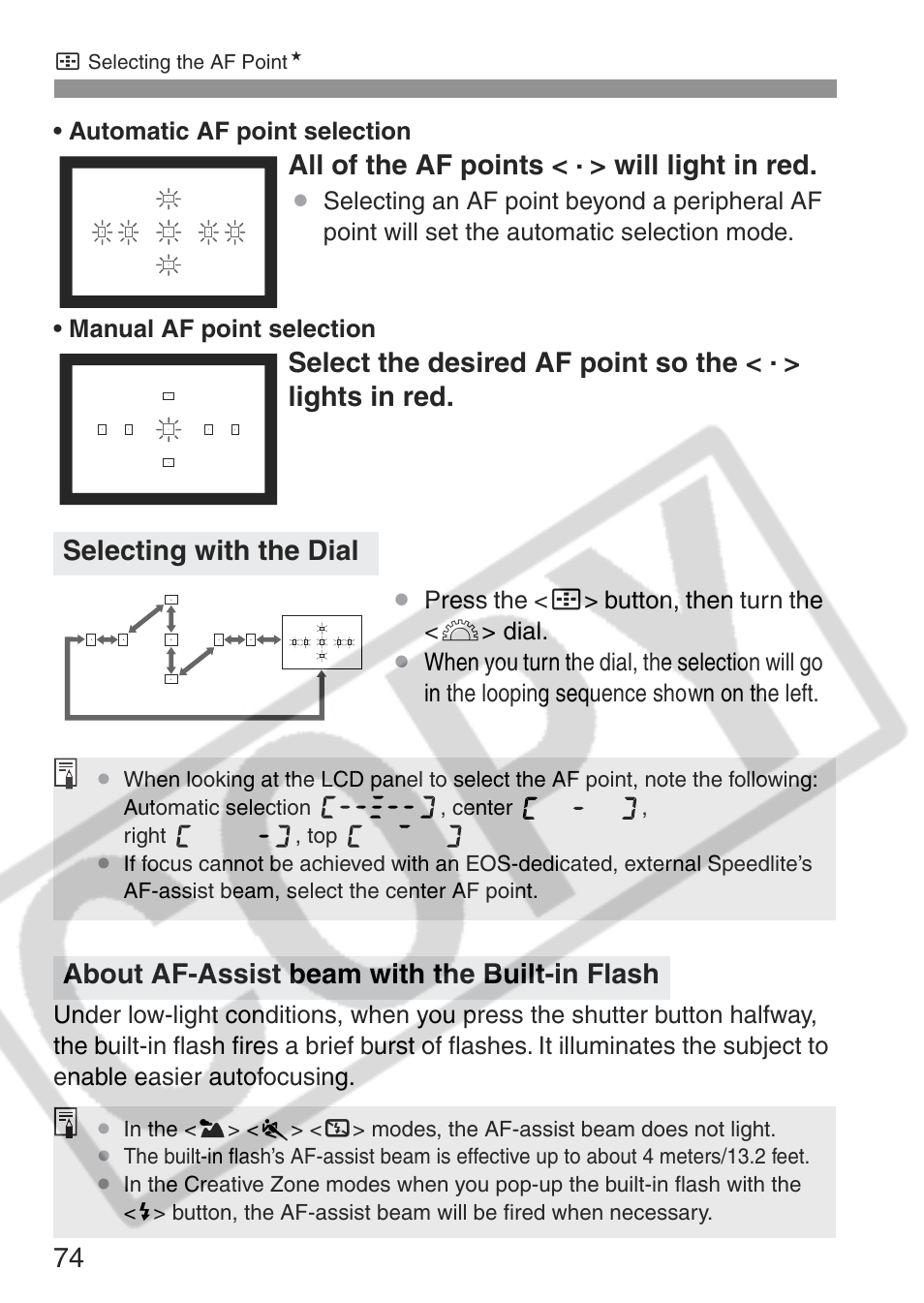 All of the af points < . > will light in red, About af-assist beam with the built-in flash | Canon EOS Rebel XT User Manual | Page 74 / 172