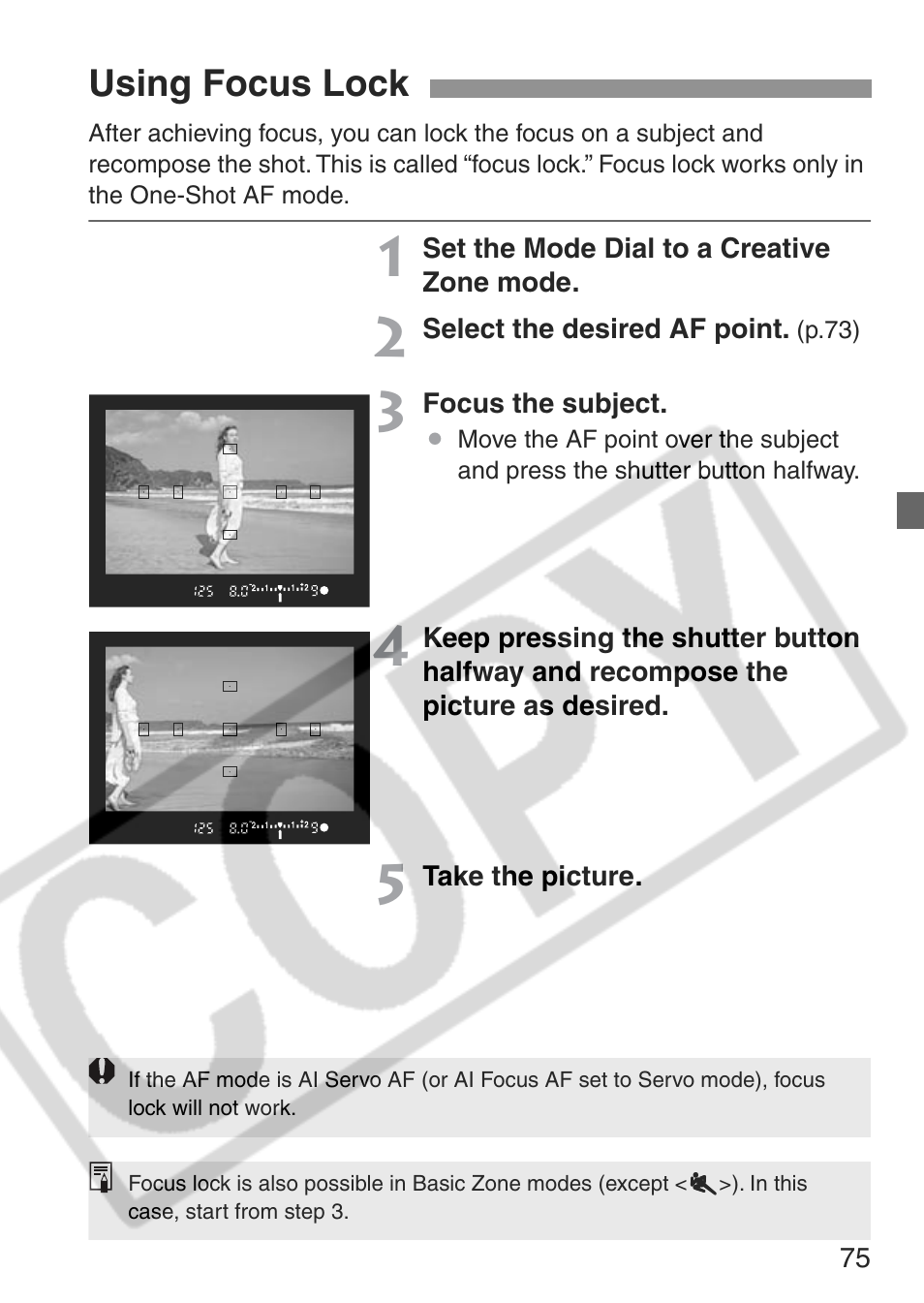 Using focus lock | Canon EOS Rebel XT User Manual | Page 75 / 172