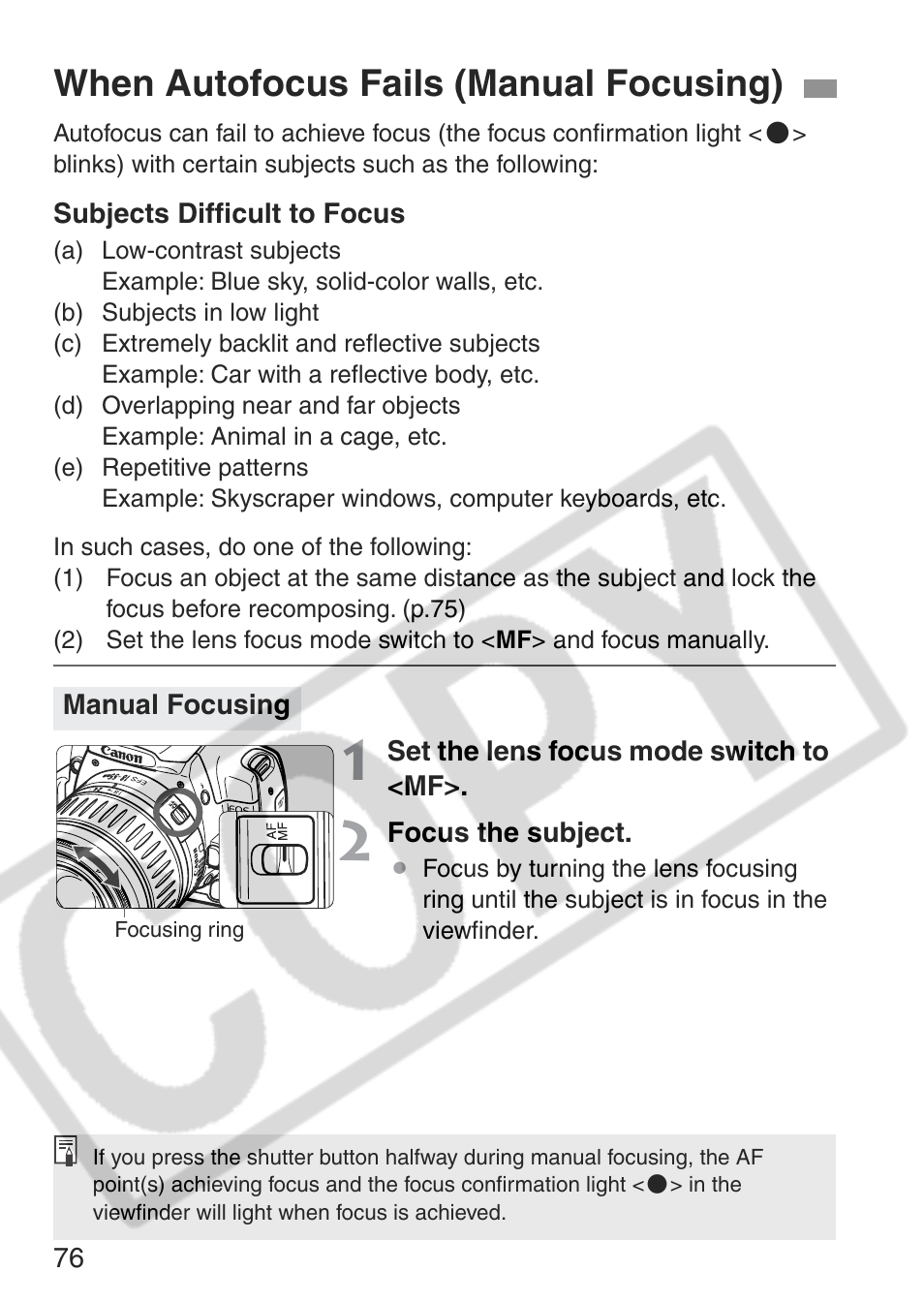 When autofocus fails (manual focusing) | Canon EOS Rebel XT User Manual | Page 76 / 172