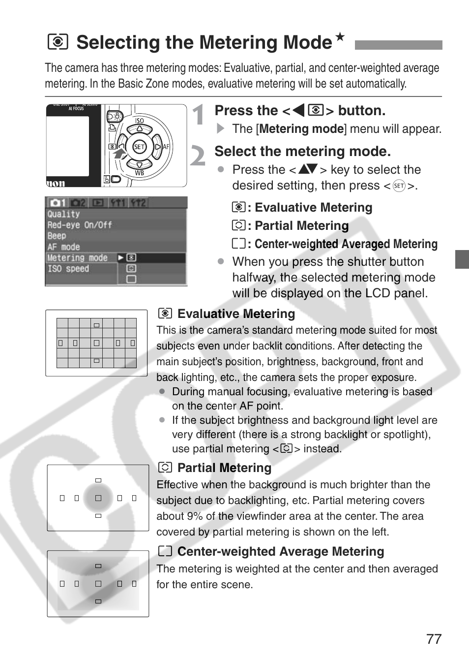 Q selecting the metering mode n | Canon EOS Rebel XT User Manual | Page 77 / 172