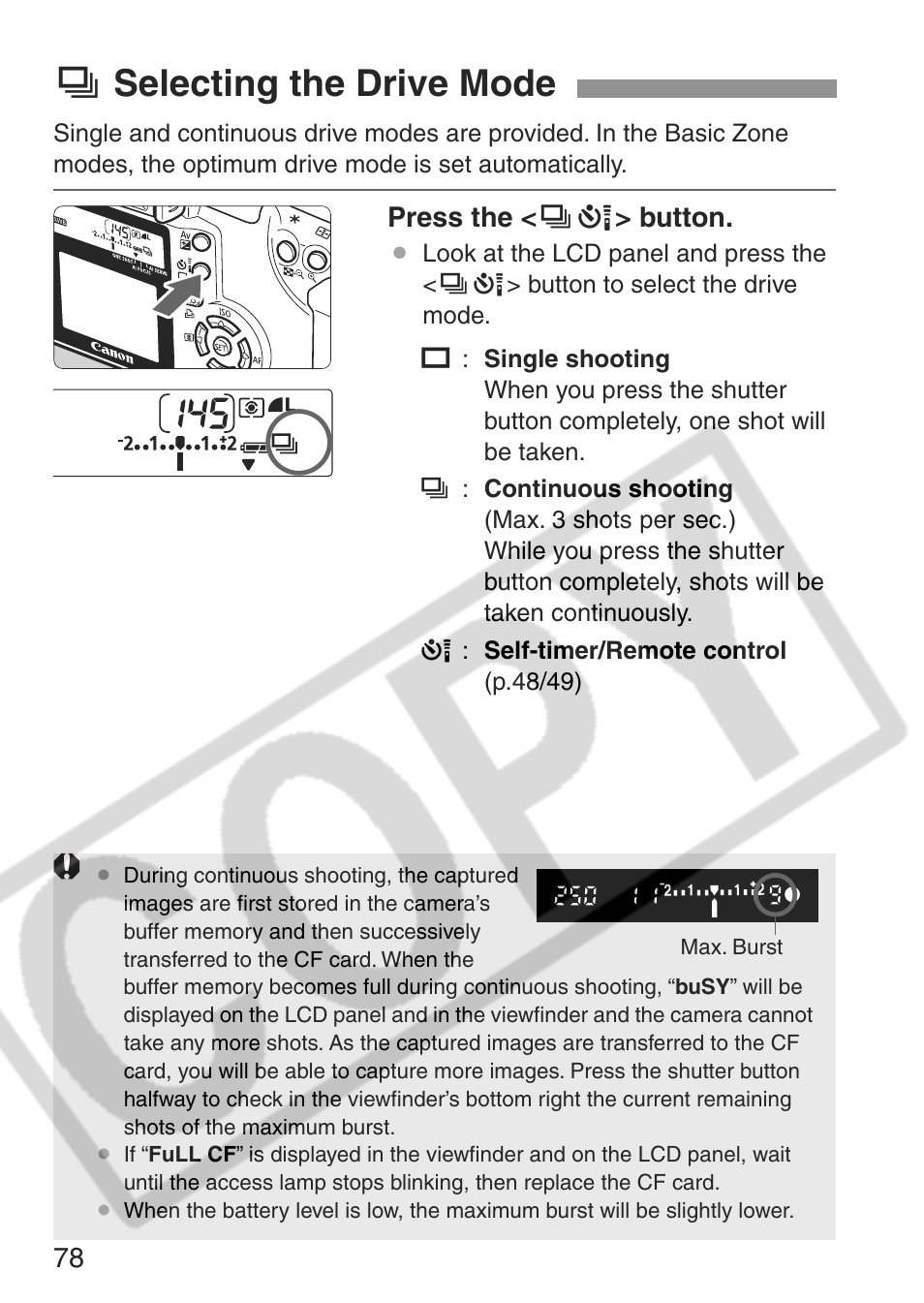 I selecting the drive mode | Canon EOS Rebel XT User Manual | Page 78 / 172