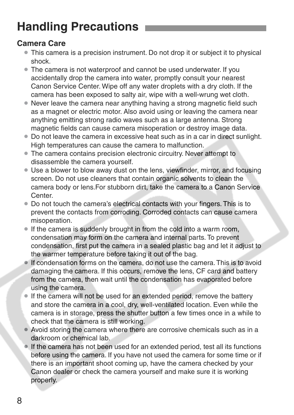 Handling precautions | Canon EOS Rebel XT User Manual | Page 8 / 172