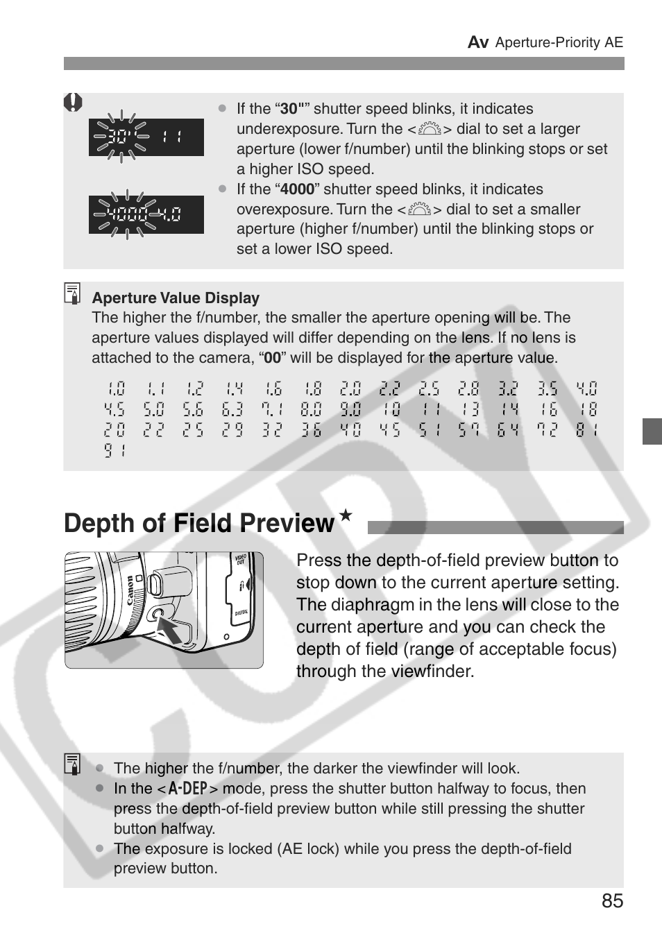 Depth of field preview n | Canon EOS Rebel XT User Manual | Page 85 / 172