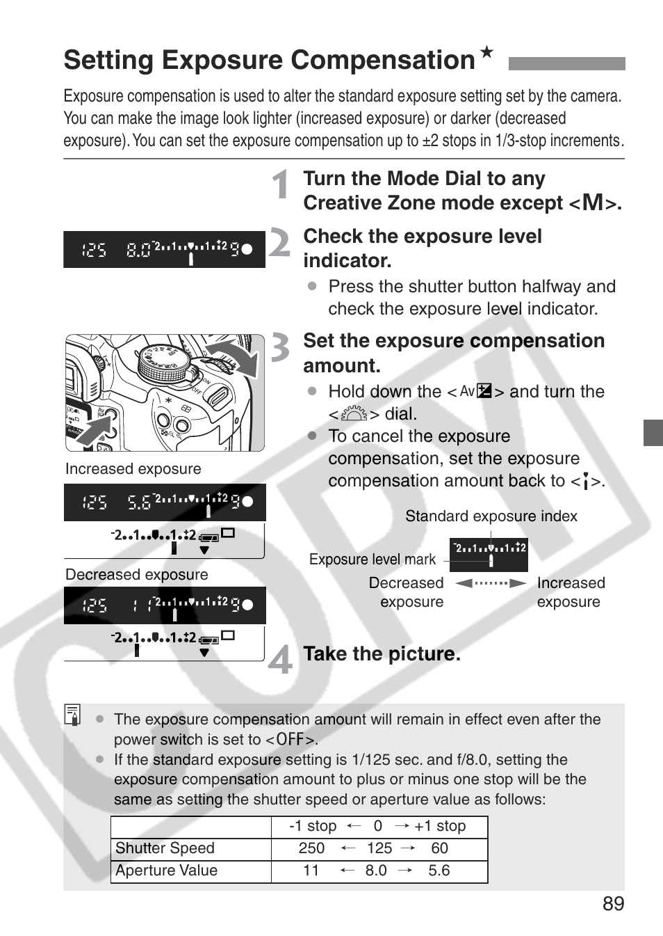 Setting exposure compensation n | Canon EOS Rebel XT User Manual | Page 89 / 172