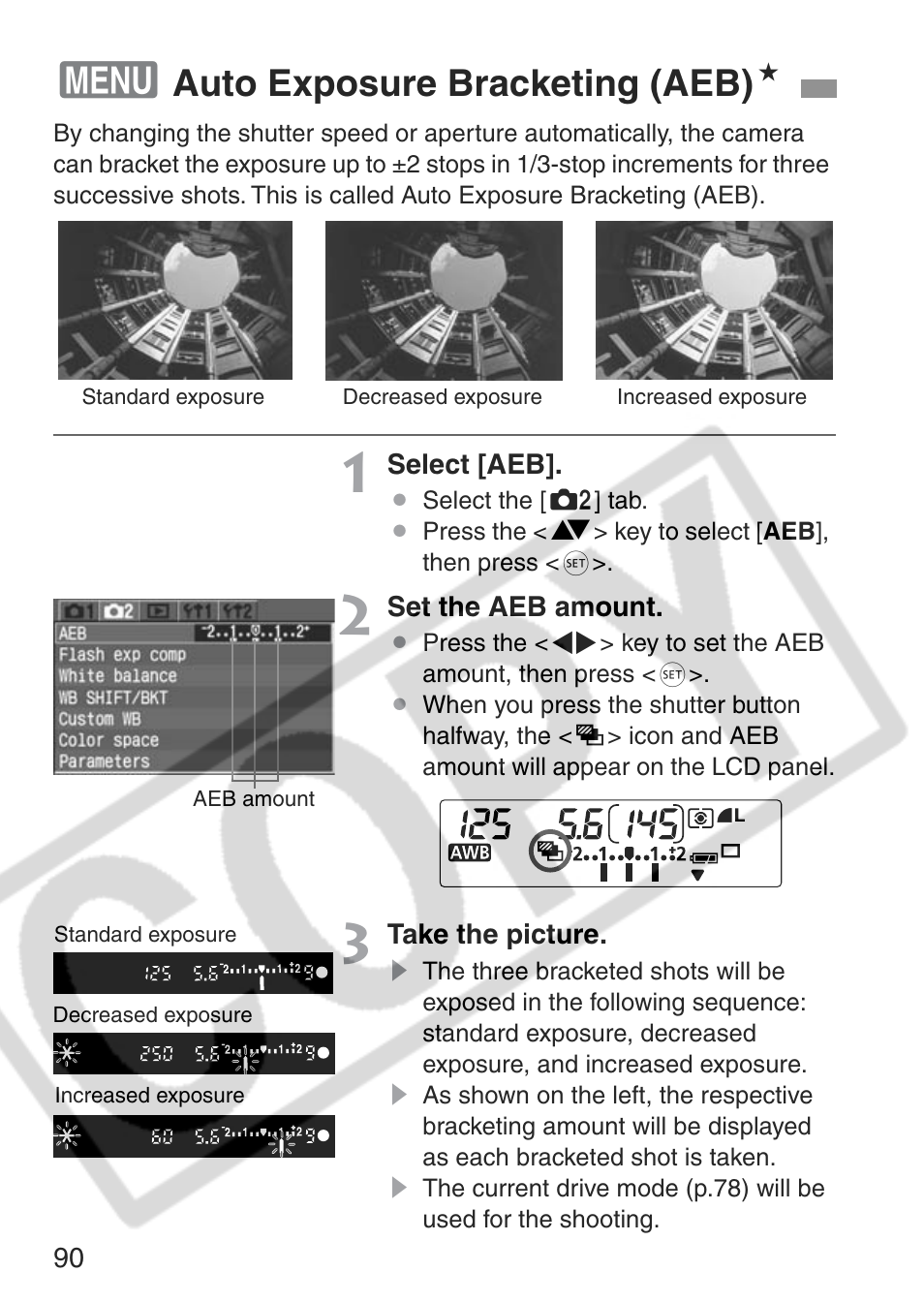 Auto exposure bracketing (aeb) n | Canon EOS Rebel XT User Manual | Page 90 / 172