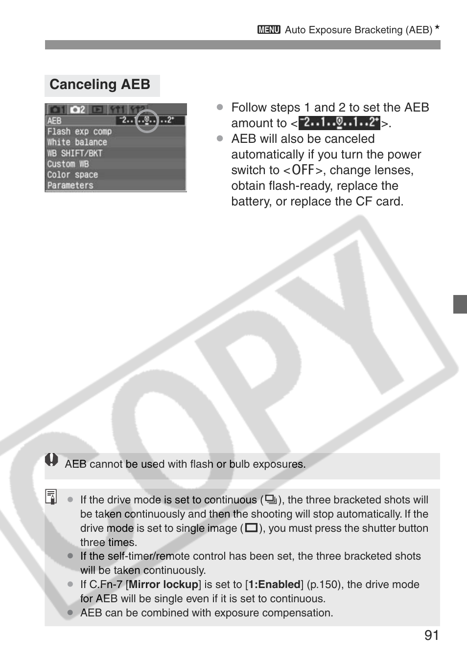 Canceling aeb | Canon EOS Rebel XT User Manual | Page 91 / 172