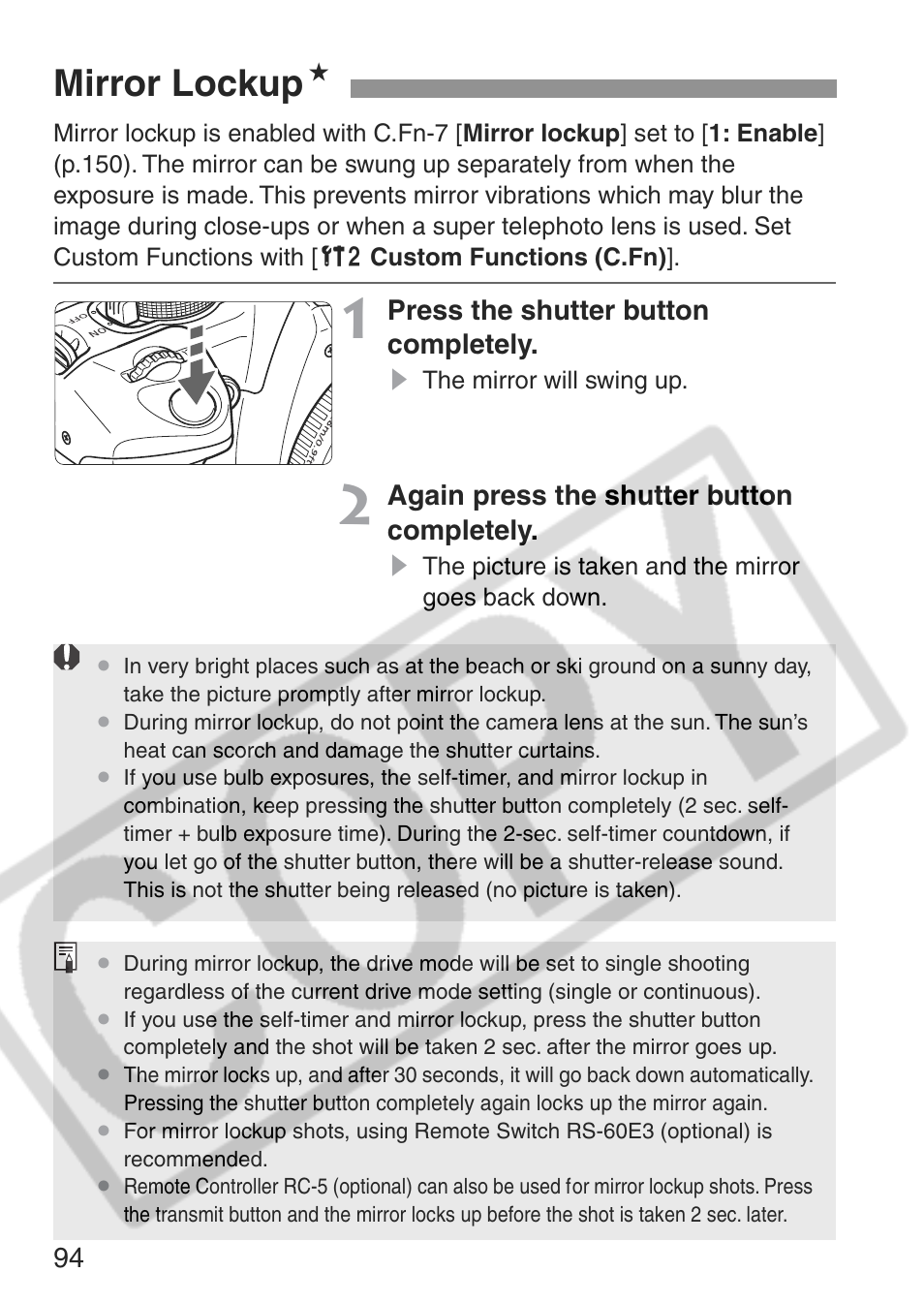 Mirror lockup n | Canon EOS Rebel XT User Manual | Page 94 / 172