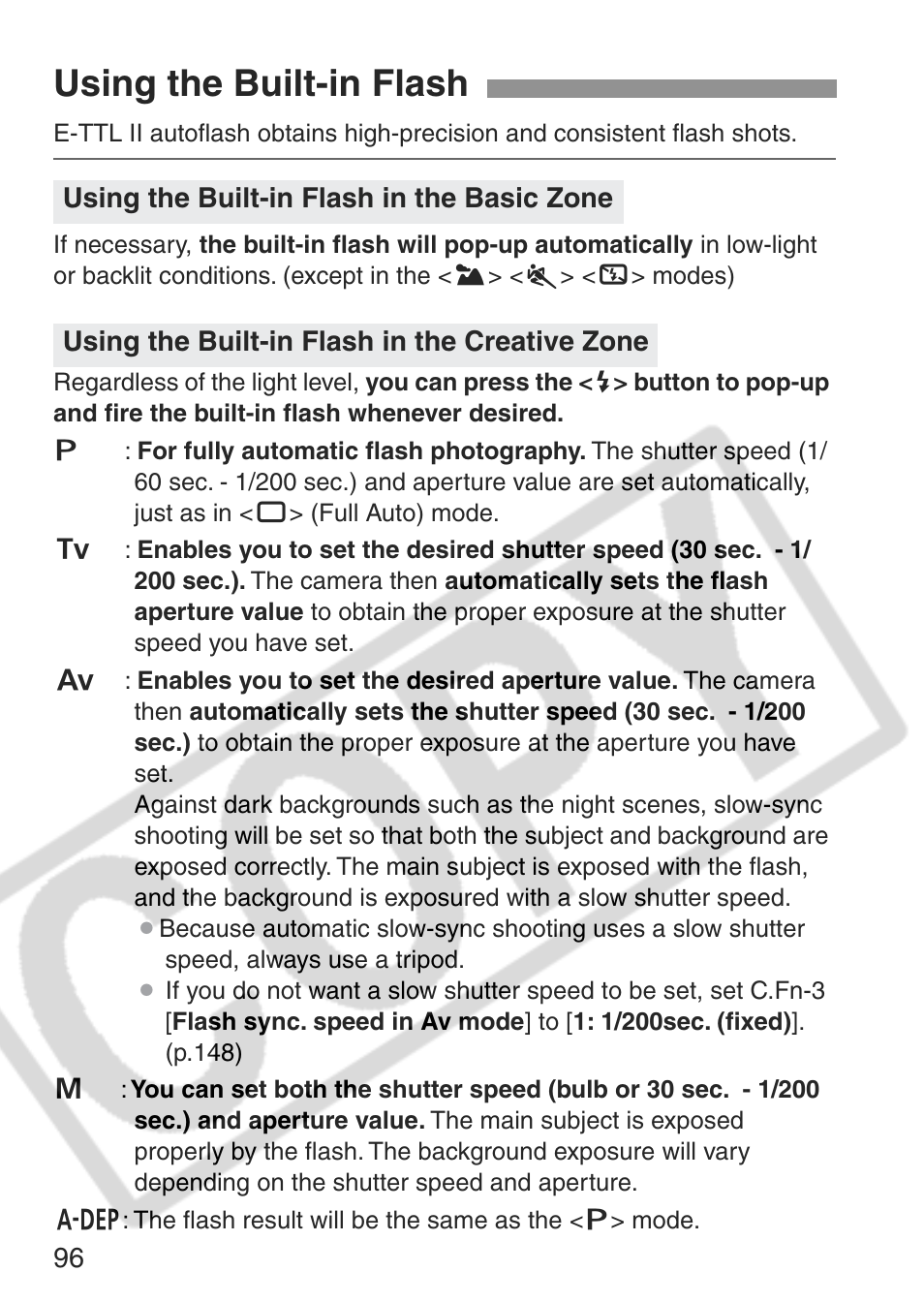 Using the built-in flash | Canon EOS Rebel XT User Manual | Page 96 / 172