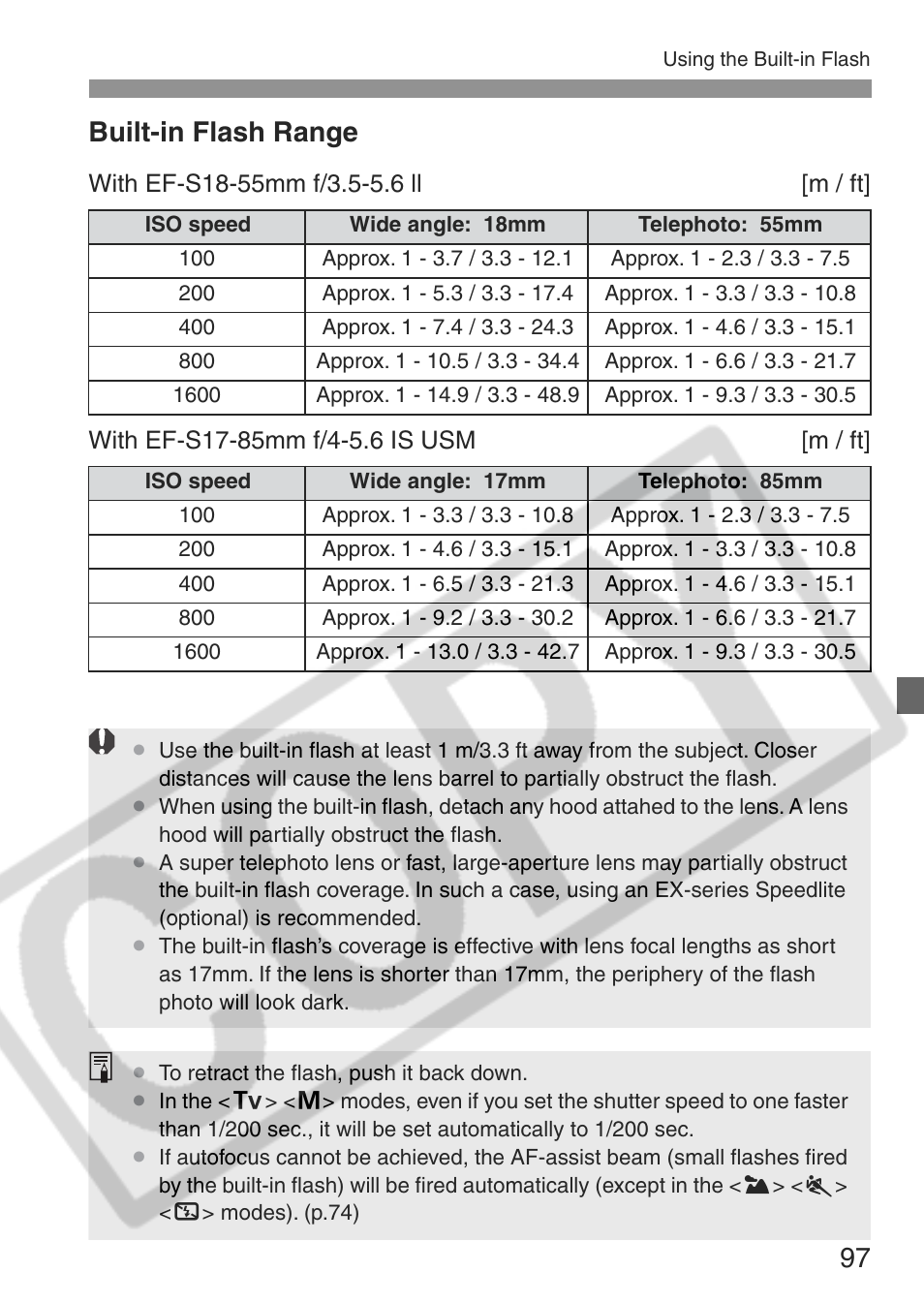 Built-in flash range | Canon EOS Rebel XT User Manual | Page 97 / 172