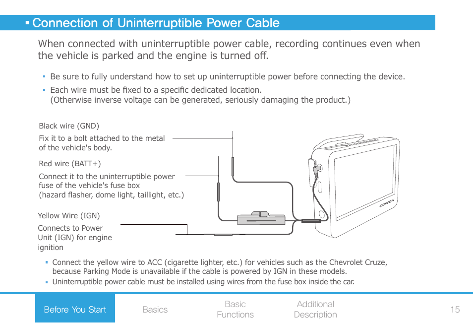 Connection of uninterruptible power cable | COWON AF2 User Manual | Page 15 / 38