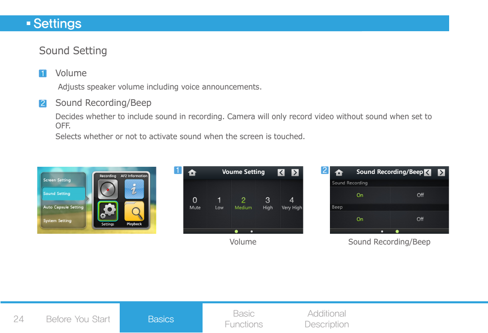 Settings, Sound setting | COWON AF2 User Manual | Page 24 / 38