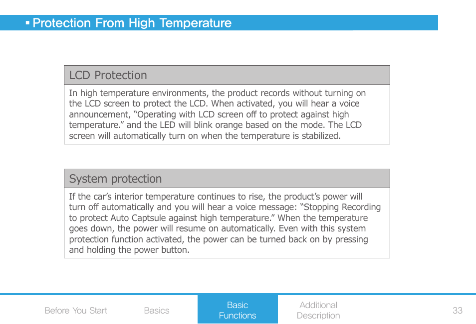 Protection from high temperature, Lcd protection, System protection | COWON AF2 User Manual | Page 33 / 38