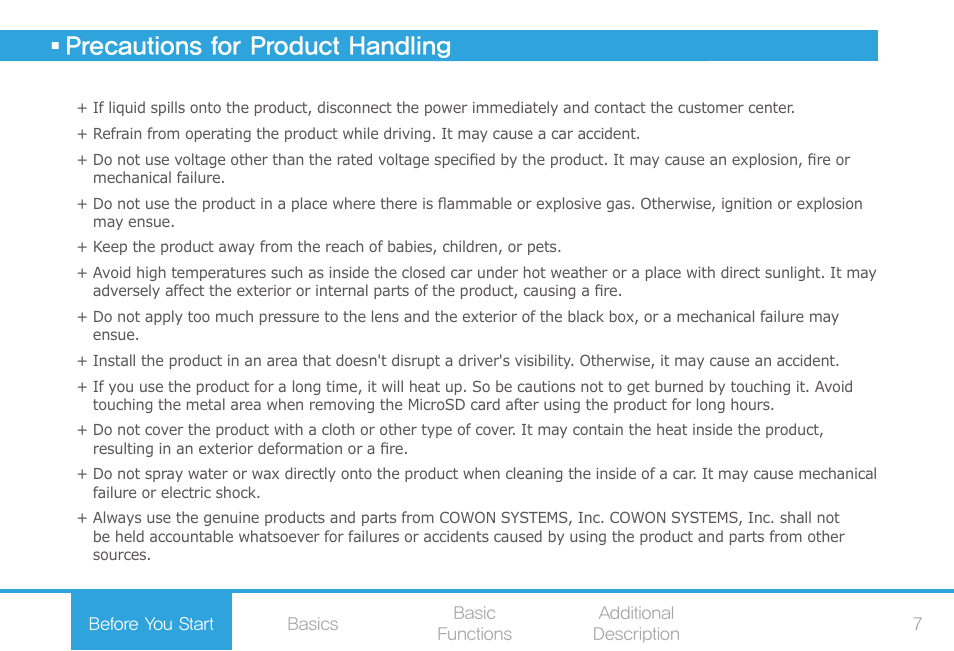Precautions for product handling | COWON AF2 User Manual | Page 7 / 38