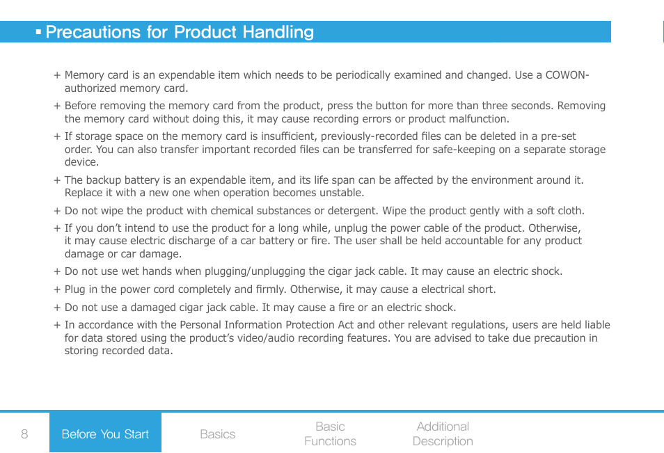 Precautions for product handling, Package components | COWON AF2 User Manual | Page 8 / 38