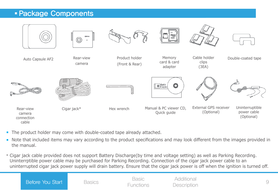 Package components | COWON AF2 User Manual | Page 9 / 38