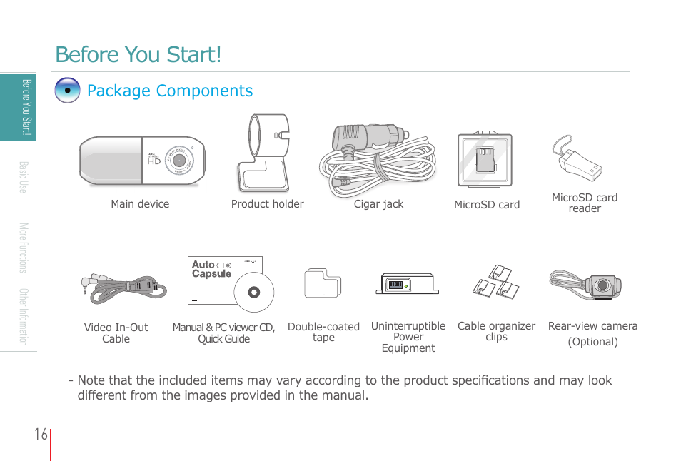 Before you start, Package components | COWON AD1 User Manual | Page 16 / 47