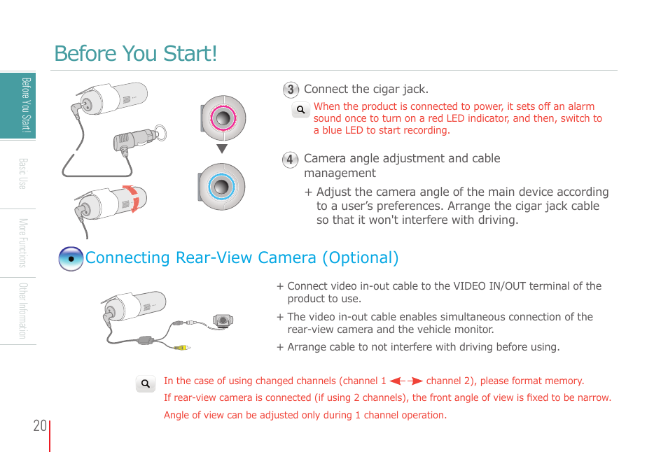 Before you start, Connecting rear-view camera (optional) | COWON AD1 User Manual | Page 20 / 47