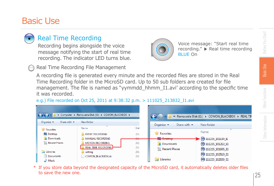 Basic use, Real time recording | COWON AD1 User Manual | Page 25 / 47