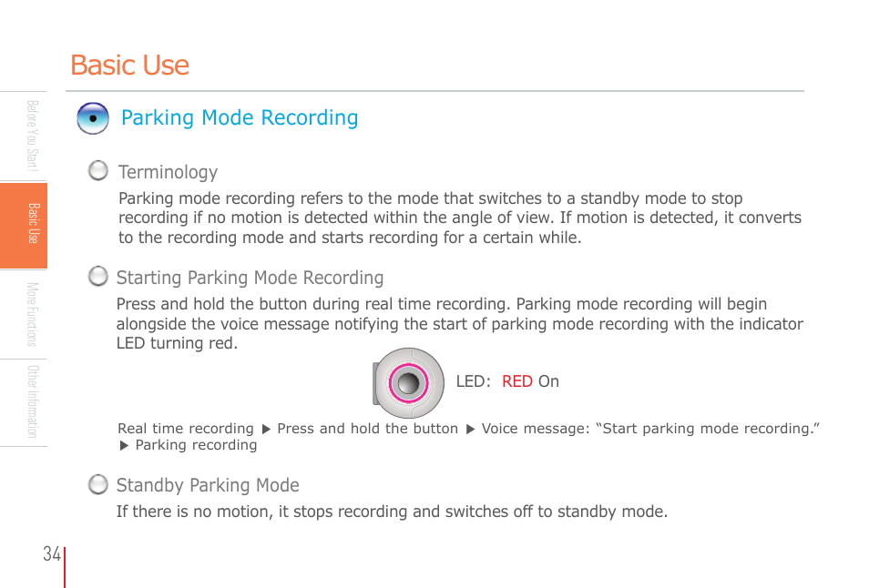 Basic use, Parking mode recording | COWON AD1 User Manual | Page 34 / 47
