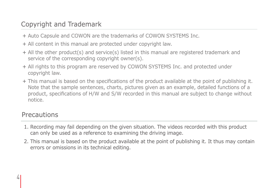 Copyright and trademark precautions | COWON AD1 User Manual | Page 4 / 47