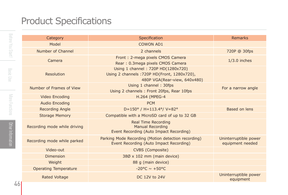 Product specifications | COWON AD1 User Manual | Page 46 / 47