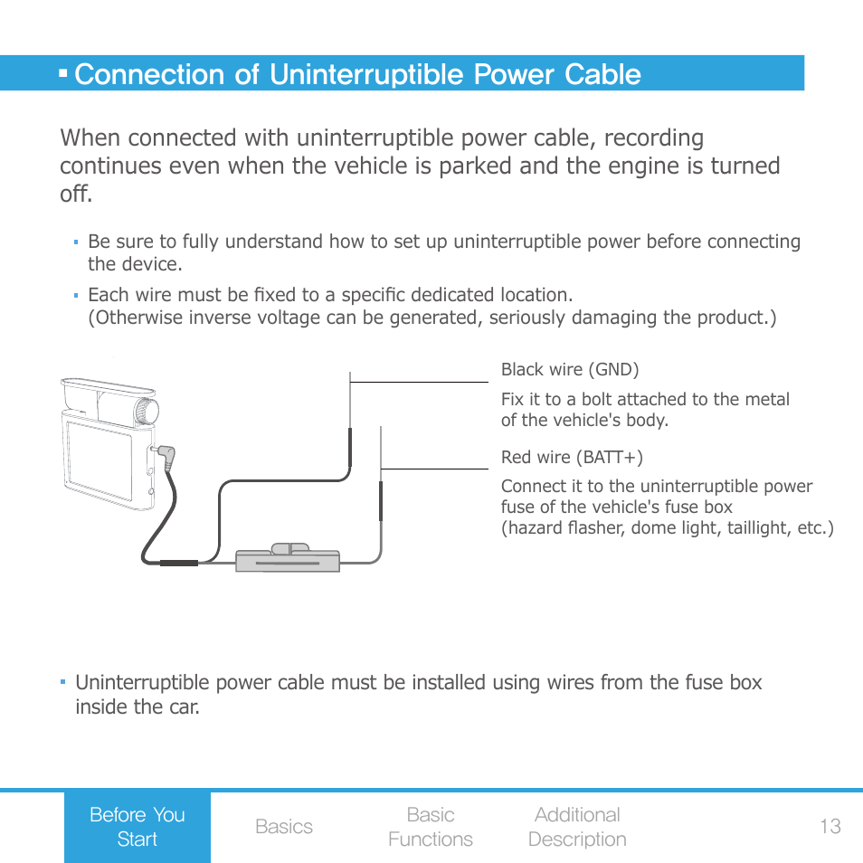 Connection of uninterruptible power cable | COWON AE1 User Manual | Page 13 / 35