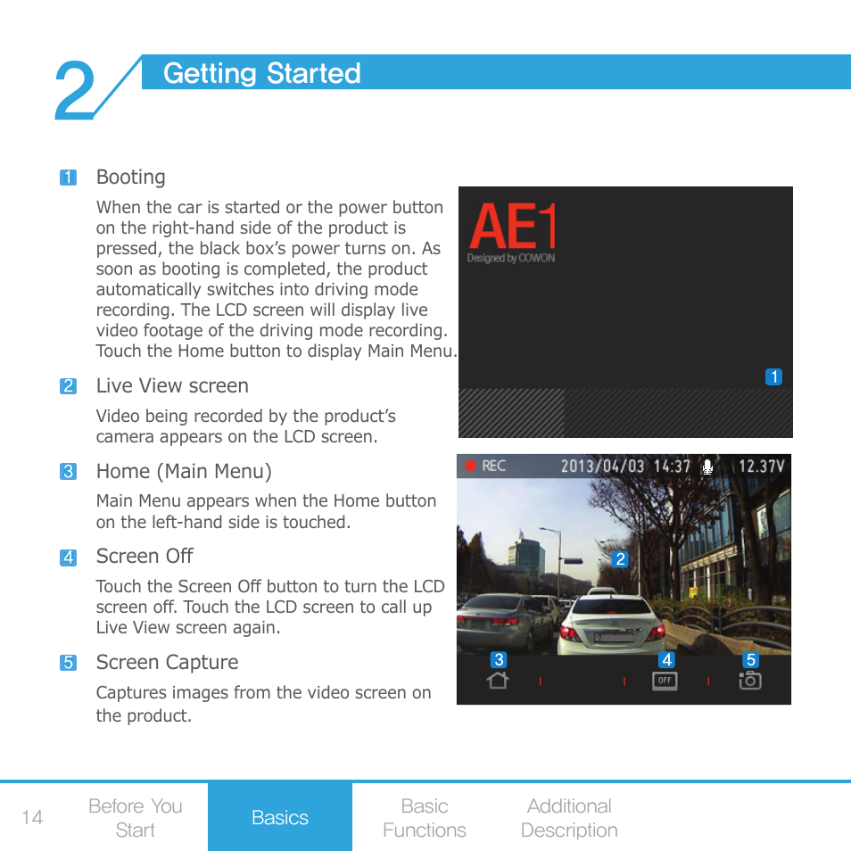 Getting started, Live view | COWON AE1 User Manual | Page 14 / 35