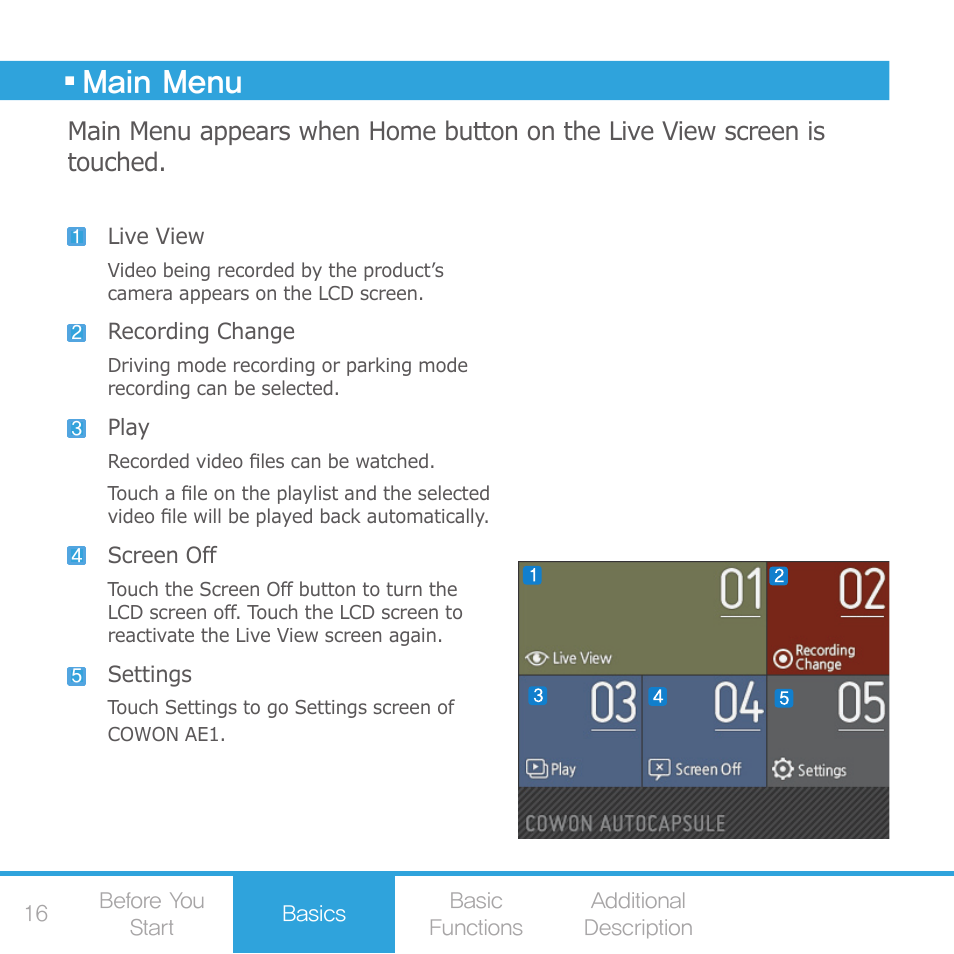 Main menu | COWON AE1 User Manual | Page 16 / 35