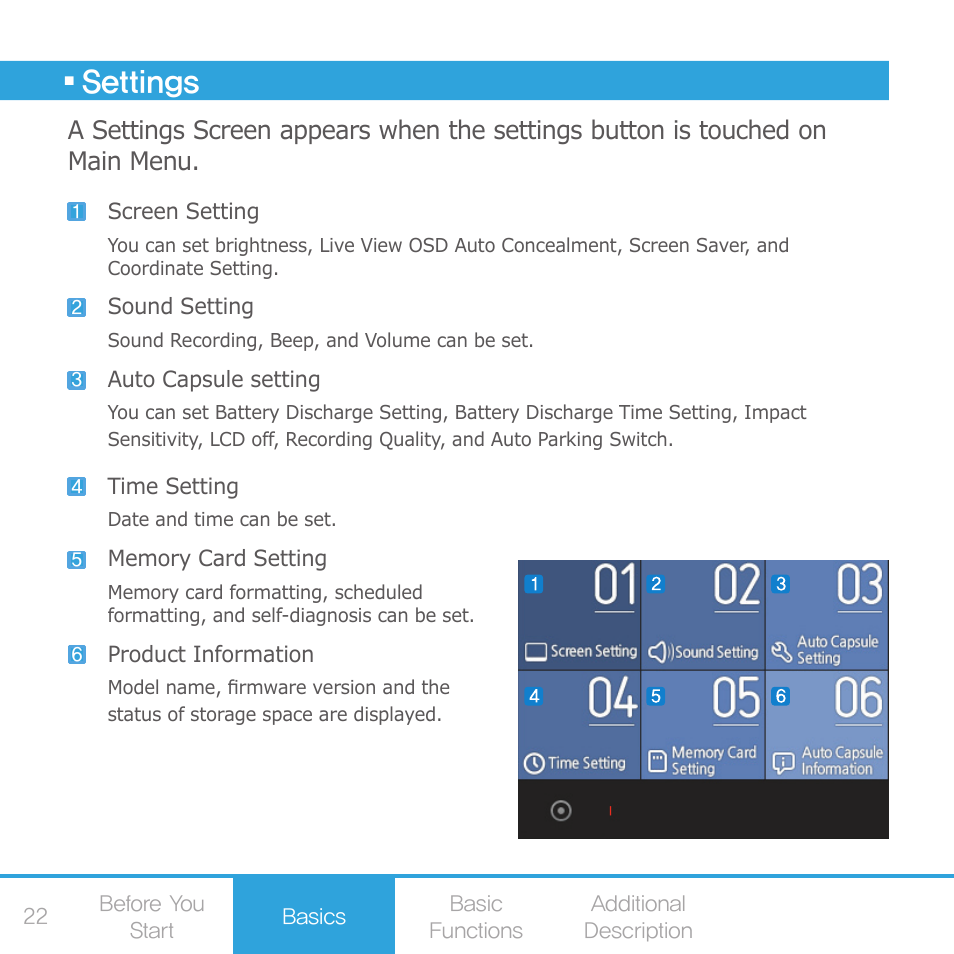 Settings | COWON AE1 User Manual | Page 22 / 35