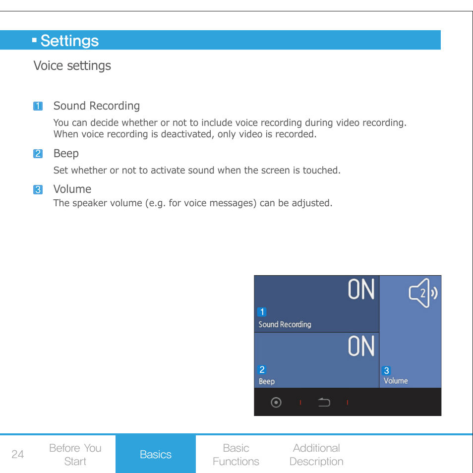 Settings, Voice settings | COWON AE1 User Manual | Page 24 / 35