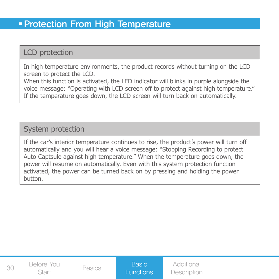 Protection from high temperature, File management, Lcd protection | System protection | COWON AE1 User Manual | Page 30 / 35