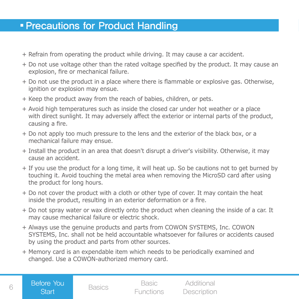 Precautions for product handling | COWON AE1 User Manual | Page 6 / 35