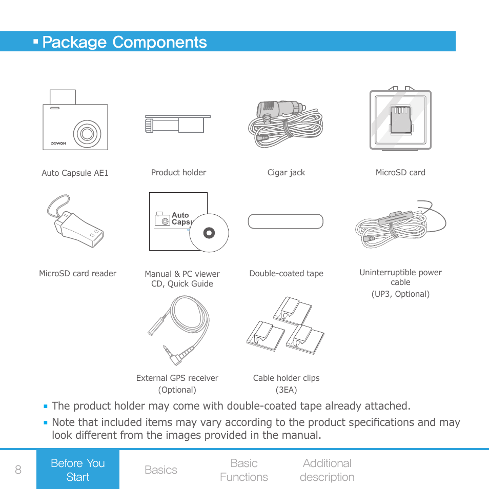 Package components | COWON AE1 User Manual | Page 8 / 35