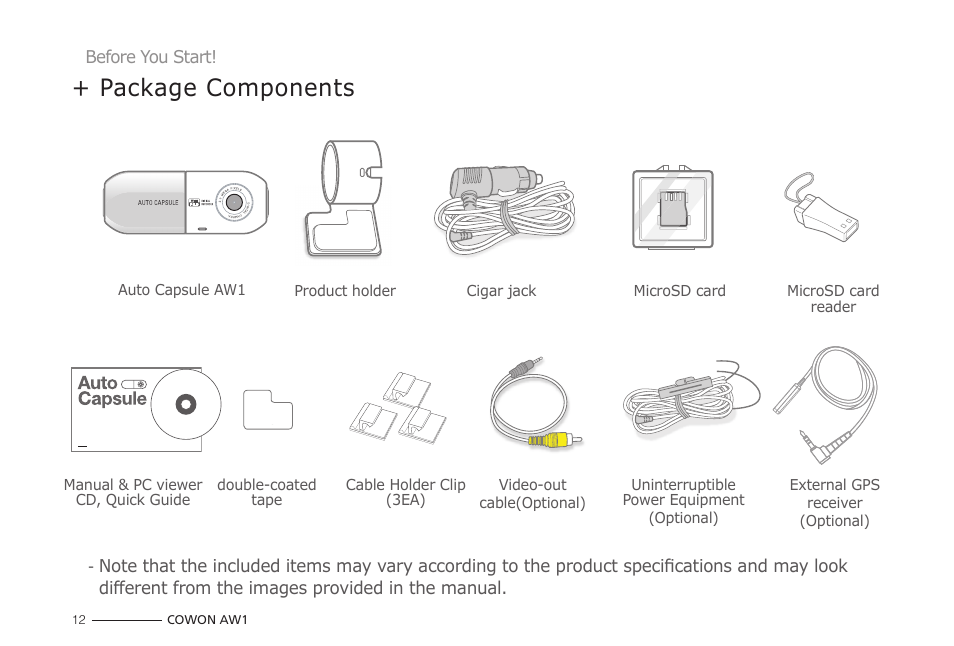 Package components | COWON AW1 User Manual | Page 12 / 33