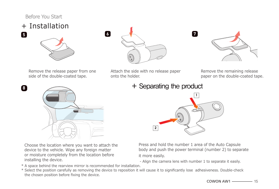 Installation, Separating the product | COWON AW1 User Manual | Page 15 / 33