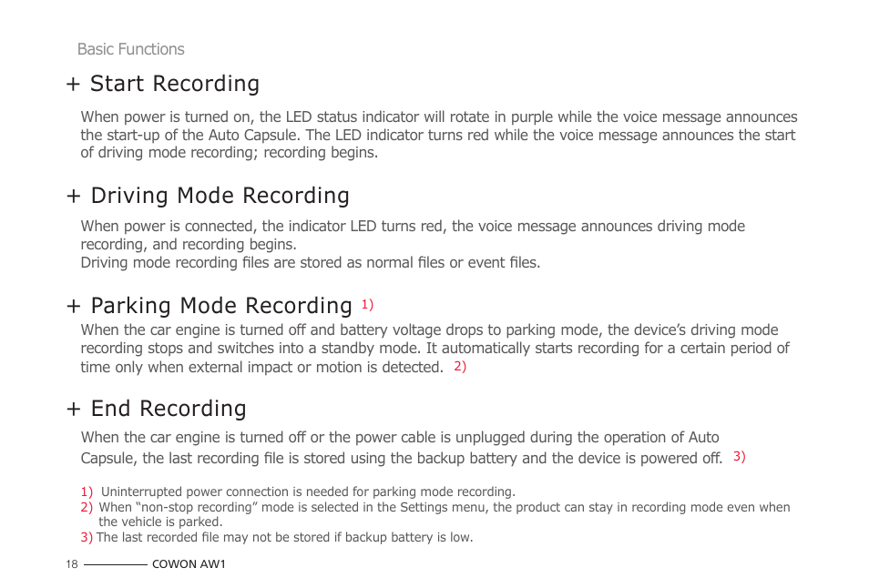 Start recording, Driving mode recording, Parking mode recording | End recording | COWON AW1 User Manual | Page 18 / 33