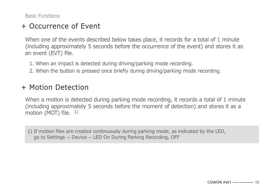 Occurrence of event, Motion detection | COWON AW1 User Manual | Page 19 / 33