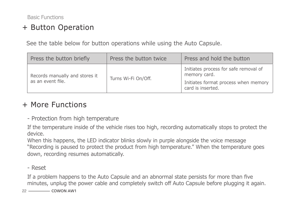 Button operation, More functions | COWON AW1 User Manual | Page 22 / 33