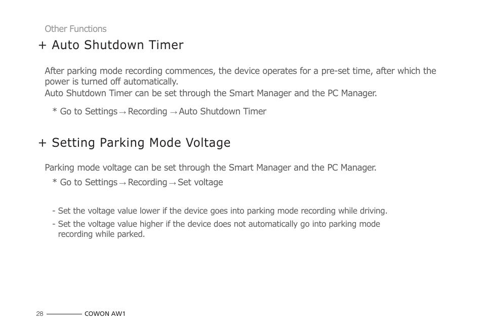 Setting parking mode voltage, Auto shutdown timer | COWON AW1 User Manual | Page 28 / 33