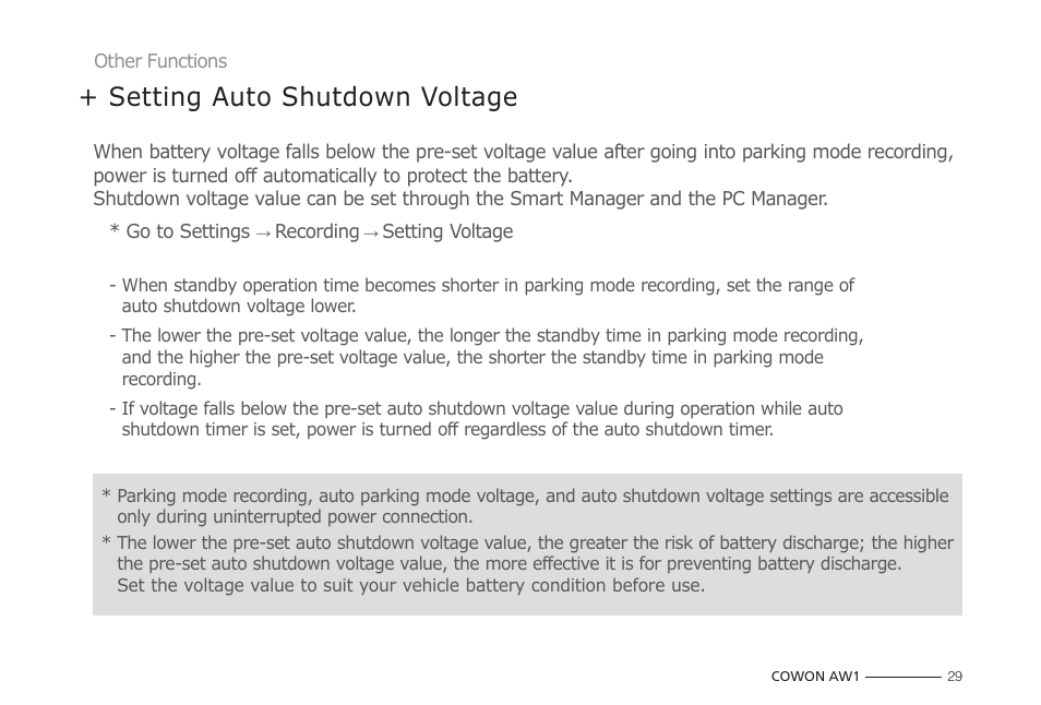 Setting auto shutdown voltage | COWON AW1 User Manual | Page 29 / 33